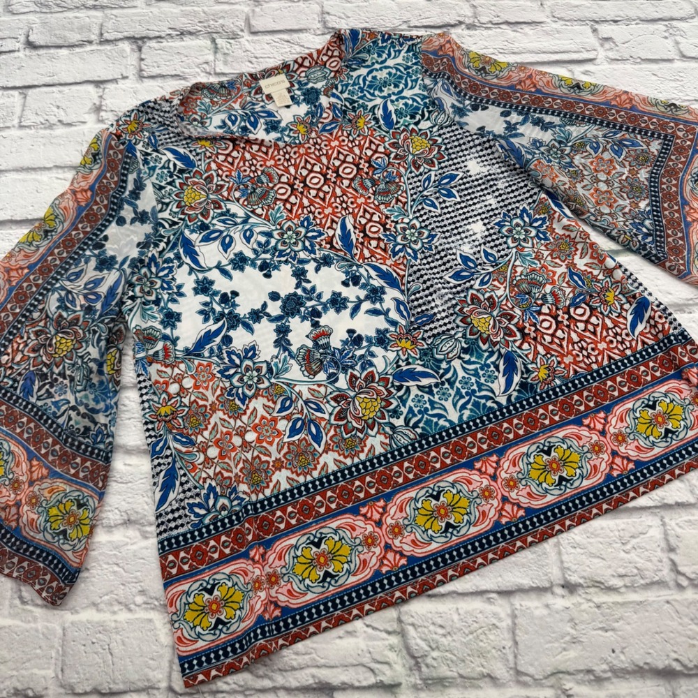 Chicos Multi Color Floral Patchwork V-Neck Blouse Sheer Bell Sleeve Size 2 L